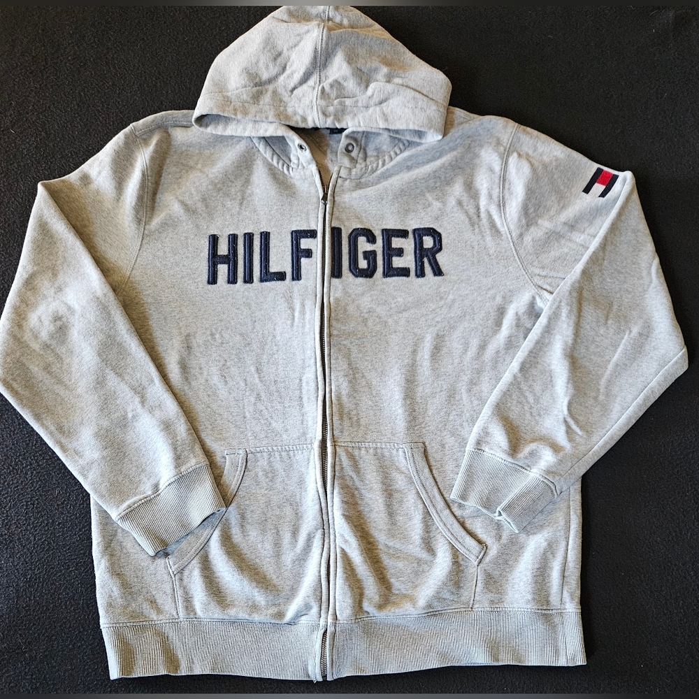 Tommy Hilfiger Retro Style Grey Spell‎ Out Sweatshirt Hoodie Full Zipper Men XXL